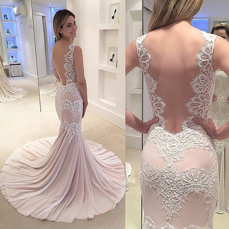 Mermaid Appliqued Sleeveless Chiffon Sexy Backless Bridal Dresses N126