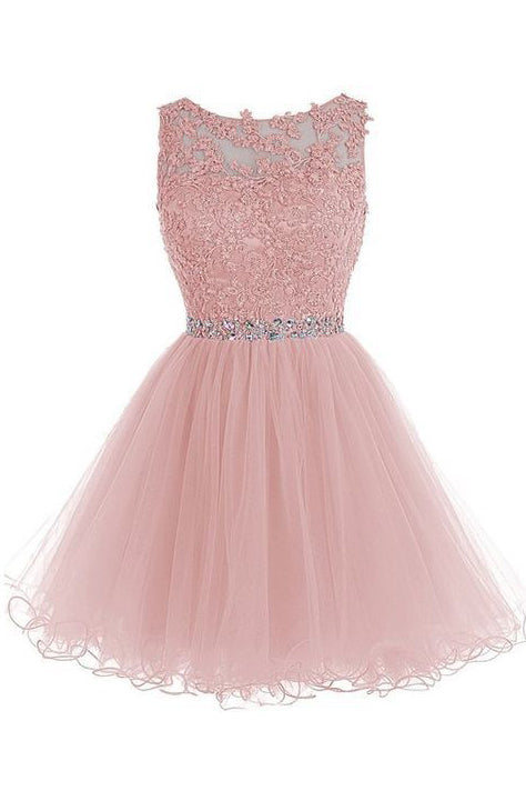 Appliqued Sleeveless Homecoming Dress with Beads,Tulle Homecoming Gown,Short Prom Gown,N273