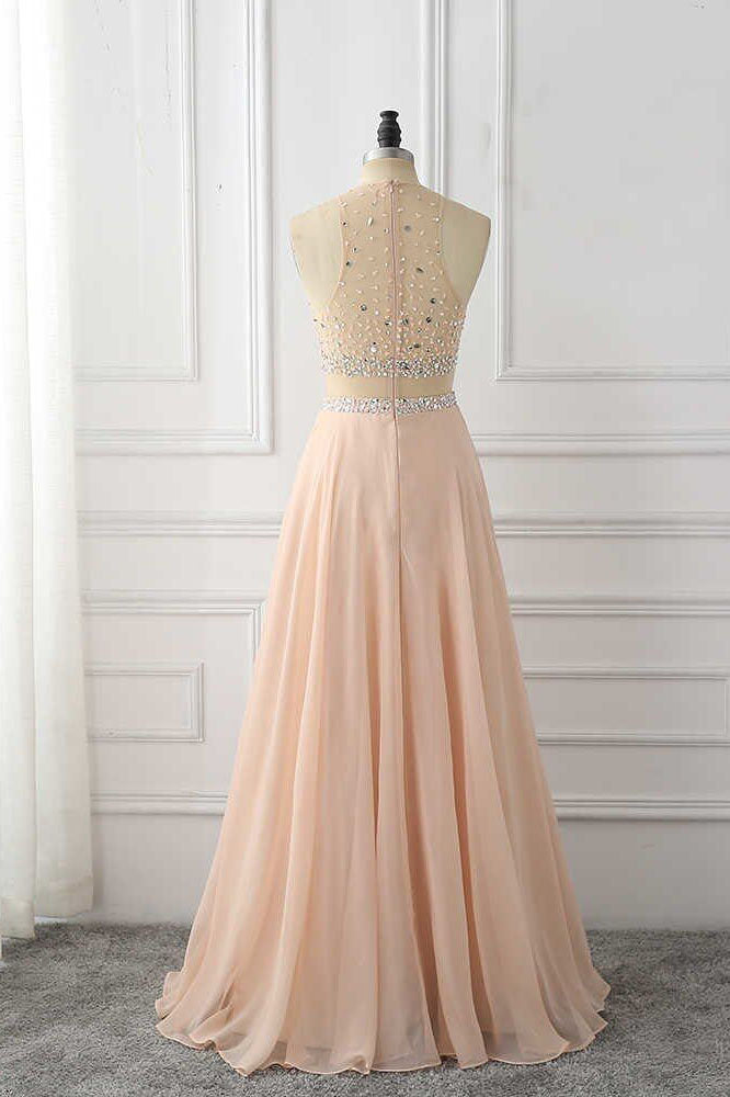 A-Line Sleeveless Rhinestone Chiffon Long Prom Dresses N1595