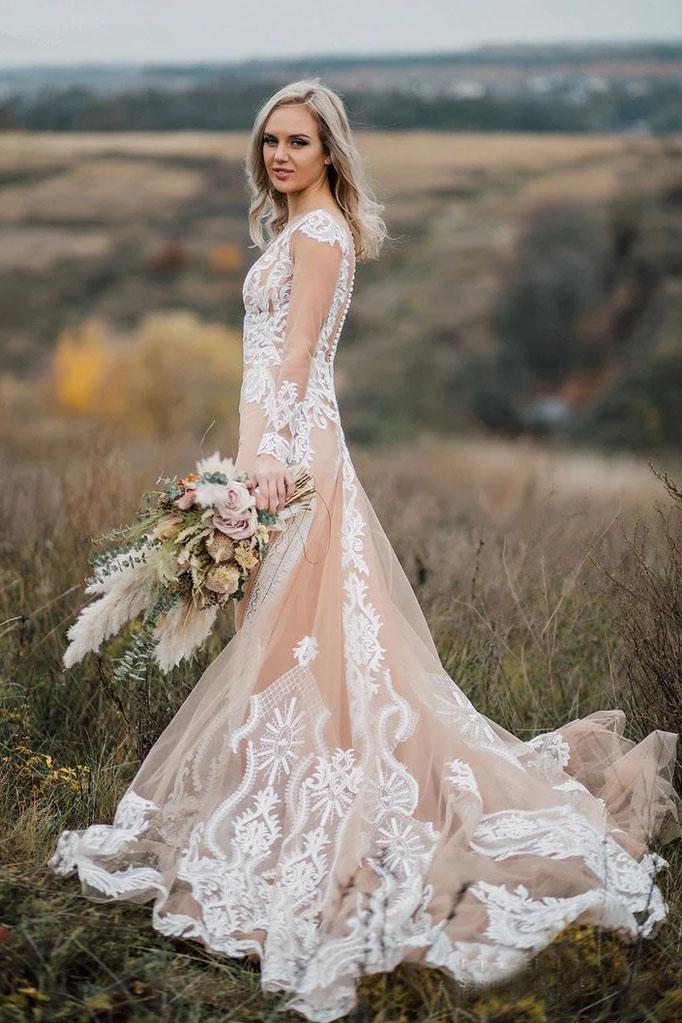 See Through Long Sleeves Boho Wedding Dress with Lace Appliques N2527