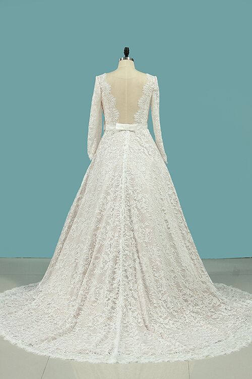 Vintage Long Sleeves Lace Wedding Dress with Sash, A Line Backless ...