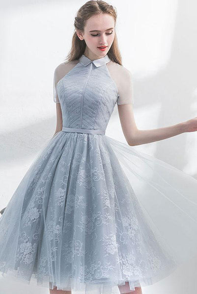 Long Sleeve Short Silver Lace Junior Prom Dress SHORT138 - TeenTina