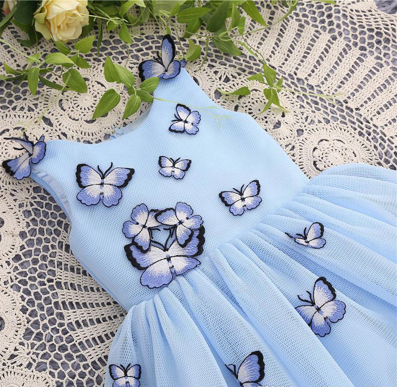 Light Blue Baby Girls Clothes Butterfly Appliques Puffy Flower Girl Dresses F057