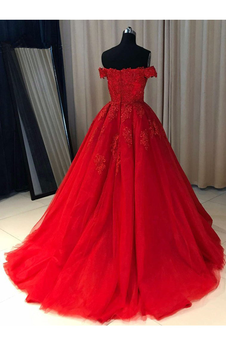 A Line Red Off the Shoulder Lace Appliques Prom Dress N728