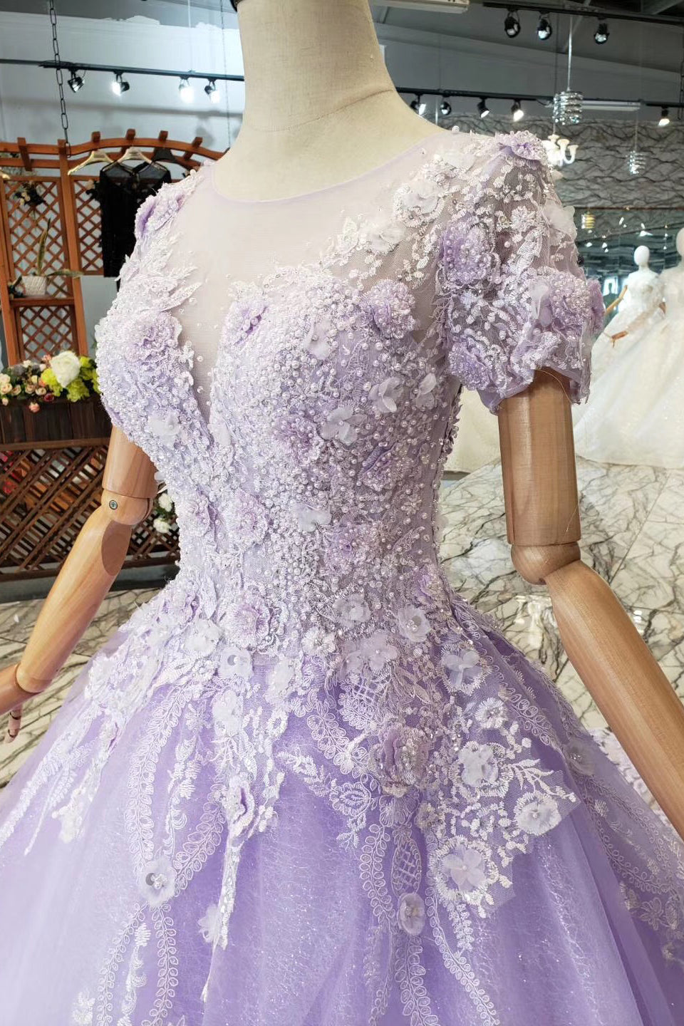 Gorgeous Lilac Ball Gown Short Sleeves Prom Dresses with Sheer Neck