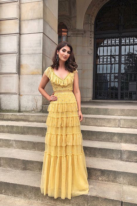 Unique Ruffles V-Neck Floor Length Tulle Yellow Prom Dresses N2245