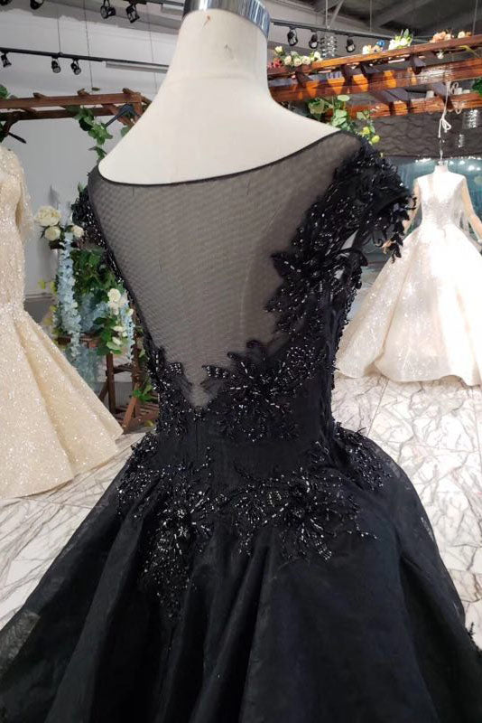 Puffy Cap Sleeves Lace Appliques Beaded Long Black Prom Dresses