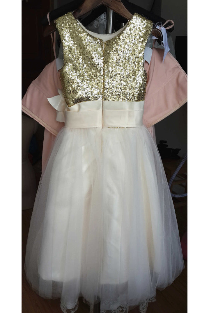 A Line Sleeveless Floor Length Gold Sequin Tulle Flower Girl Dresses with Flower F036