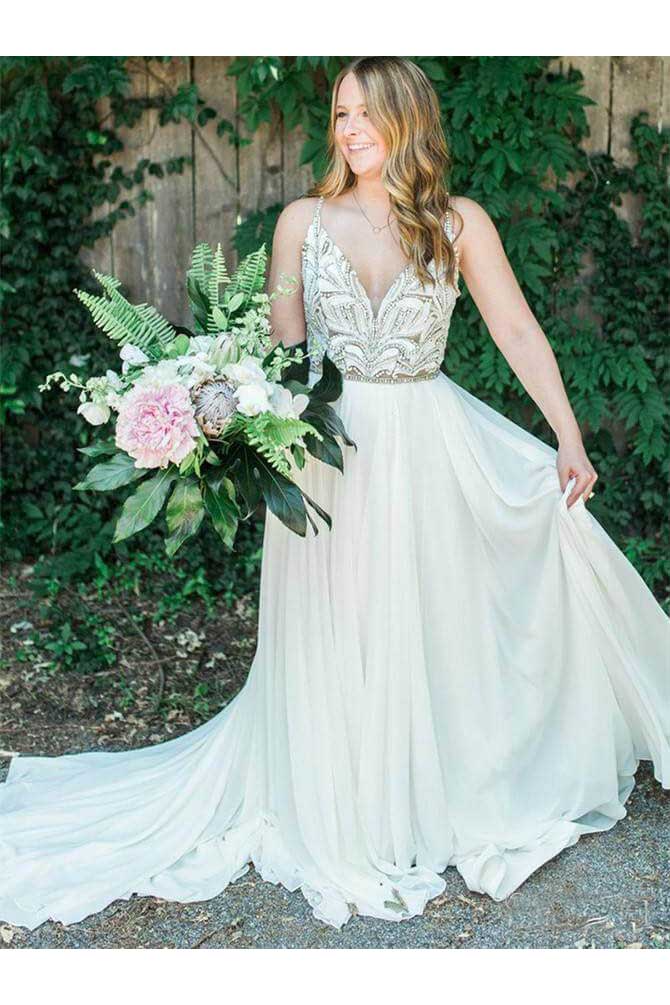 Spaghetti Strap Beaded Chiffon Boho Wedding Dresses