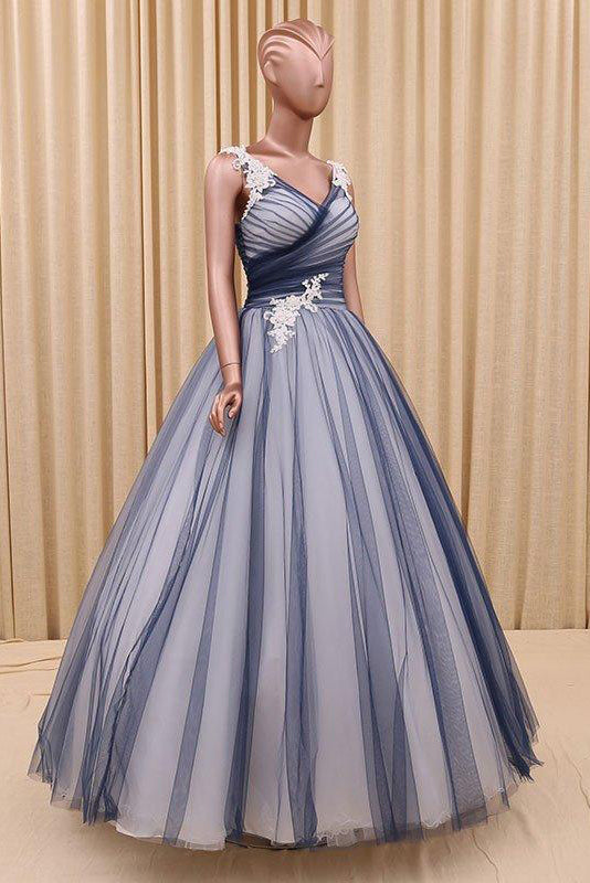 Ball Gown V Neck Dark Blue Tulle Prom Dress with Applique Puffy Long Quinceanera Dress N1438