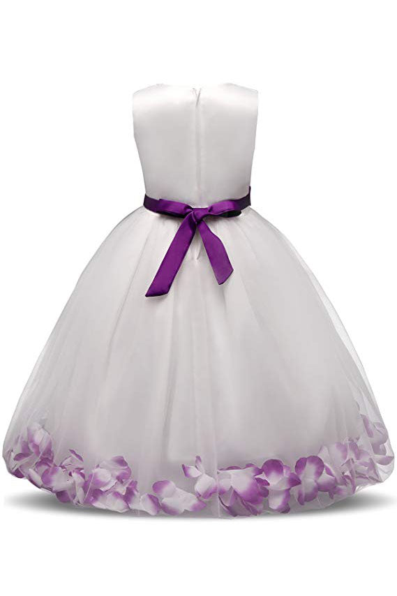 White Ball Gown Sleeveless Long Flower Girl Dresses with Purple Flowers Sash F064