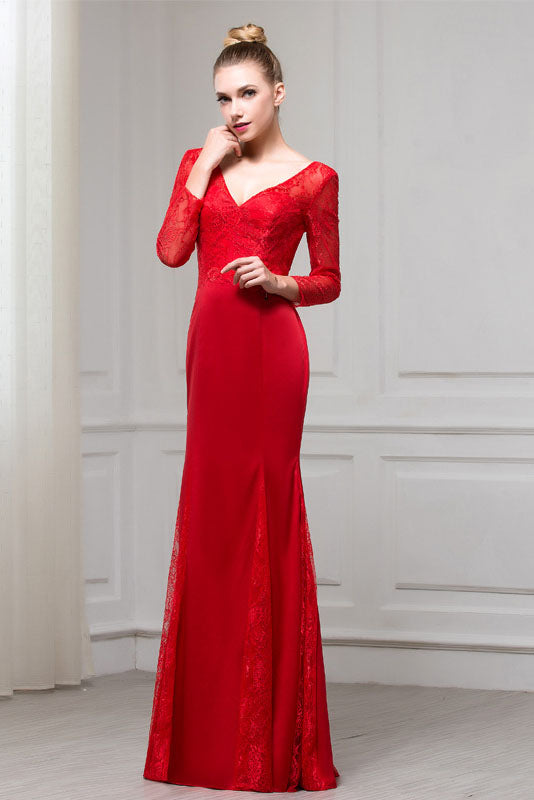 Red Long Sleeves V-Neck Mermaid Floor Length Evening Dresses with Lace N2330