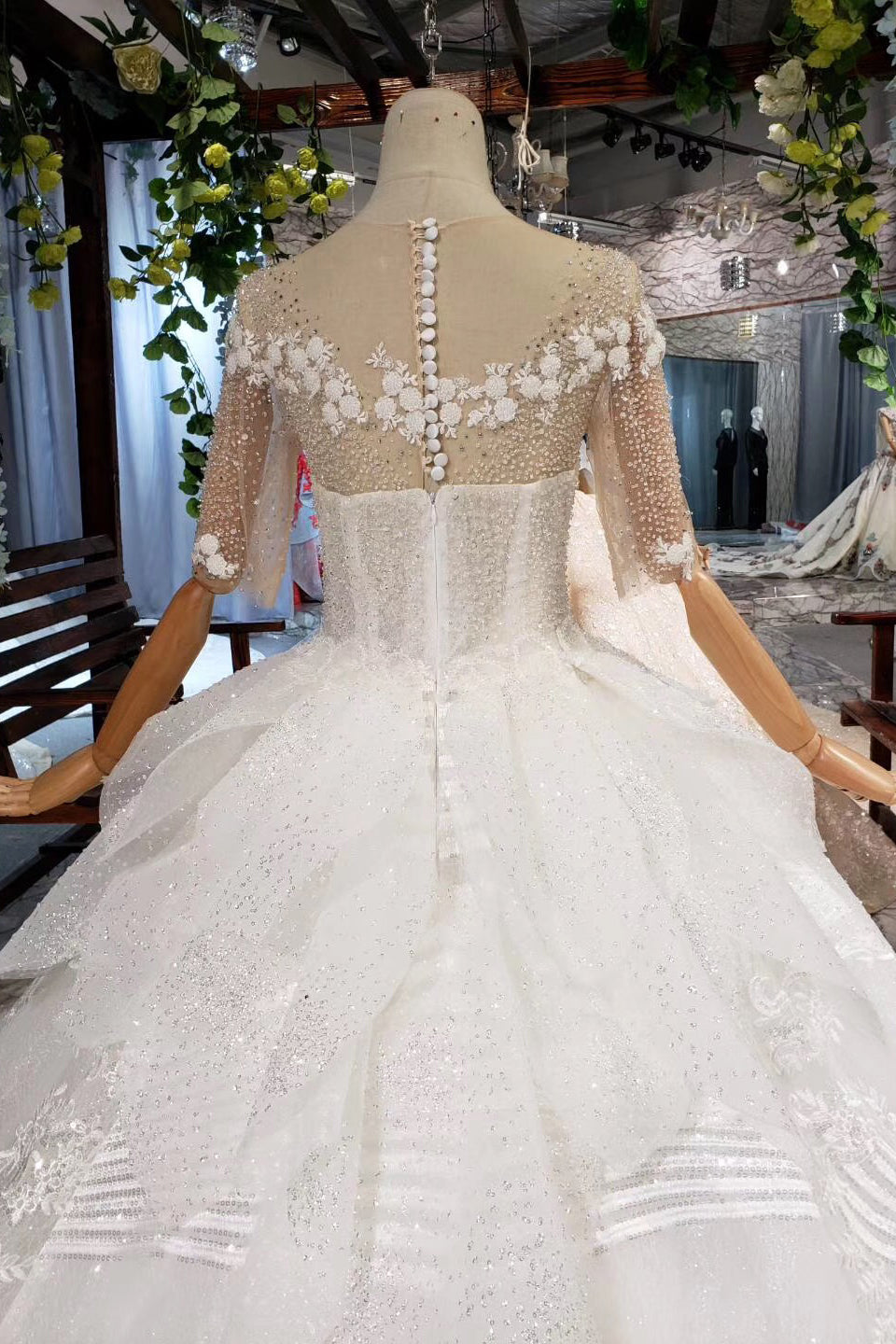 Ball Gown Half Sleeves Lace Bridal Dresses with Sequins Sheer Neck Long Wedding Dresses N1970