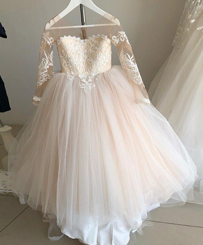 Gorgeous Long Sleeveless Appliqued Tulle Long Flower Girl Dresses with Bow F038