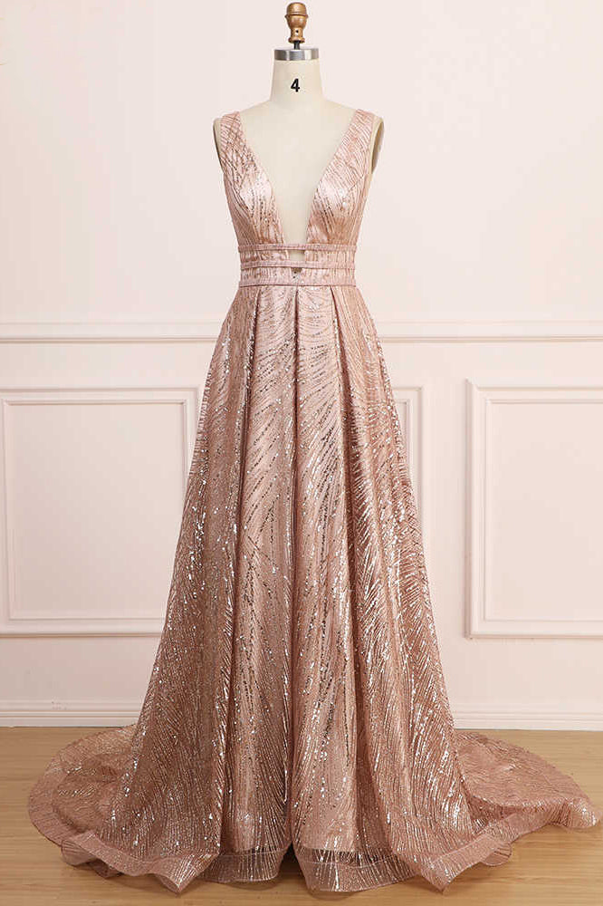 A Line Deep V Neck Long Prom Dress with Sequins, Glitter Sleeveless Evening Dress N2271