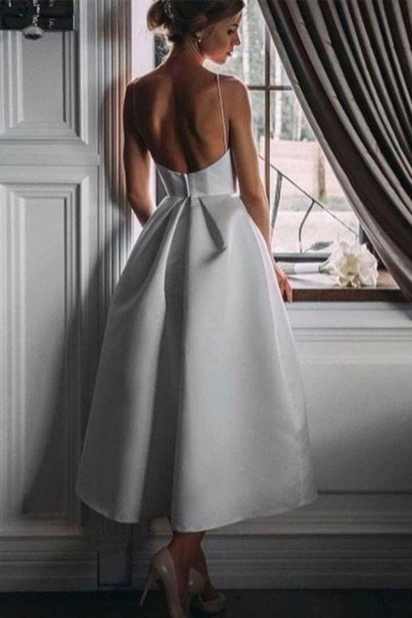 White Satin Spaghetti Straps Backless Tea Length Prom Dresses