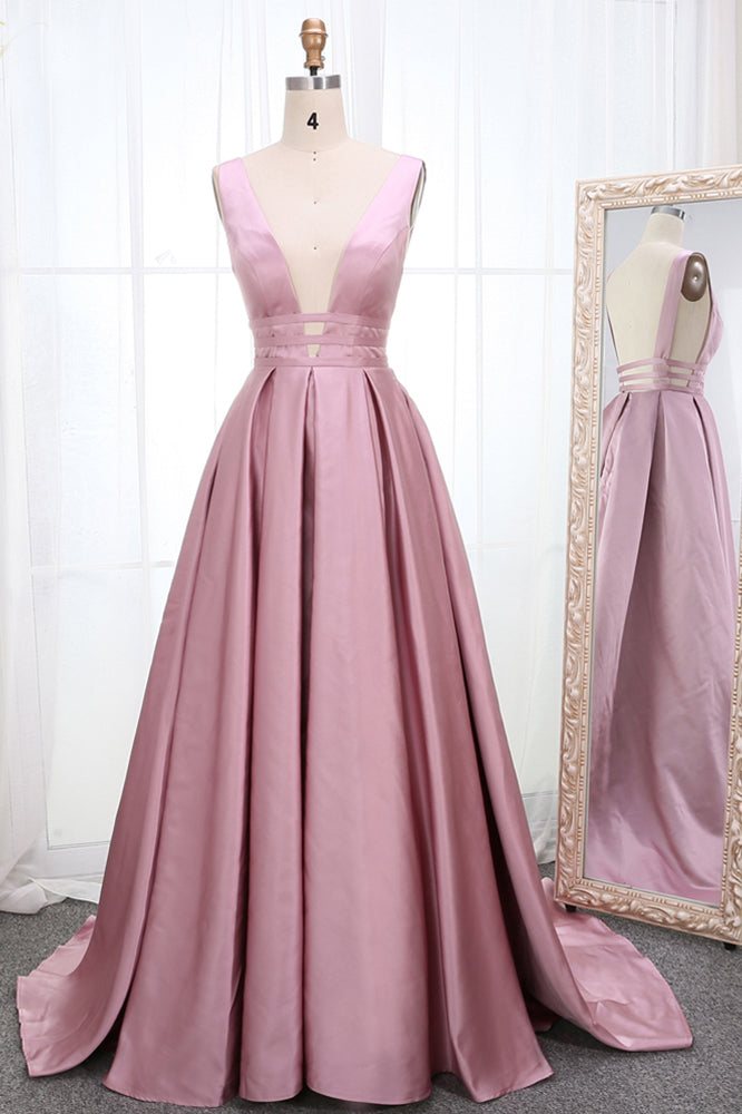 Simple V Neck Sleeveless Long Prom Dress, A Line Ruched Long Evening Dresses N2272