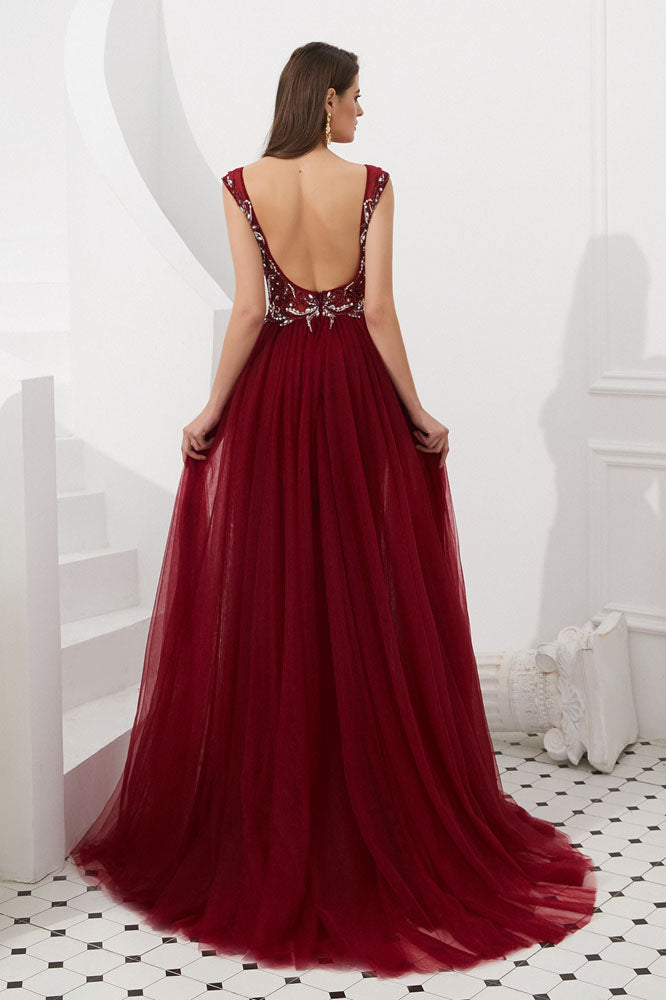 Burgundy V-Neck Sleeveless Tulle Long Prom Dresses with Beads Crystal N2282