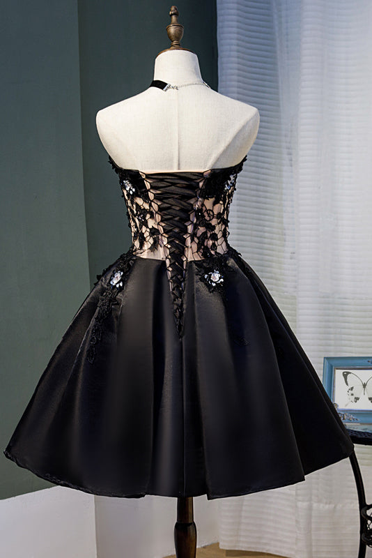 Black Strapless Satin Lace Homecoming Dresses with Crystals N1980