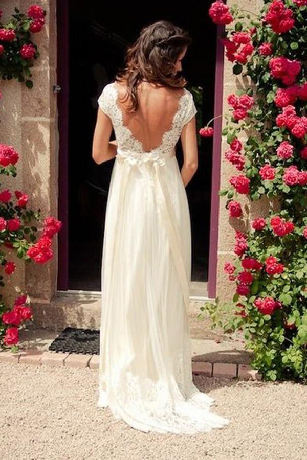 A-line V-neck Cap Sleeves Sweep Train Backless Wedding Dress With Sash,Beach Wedding Dress,N345