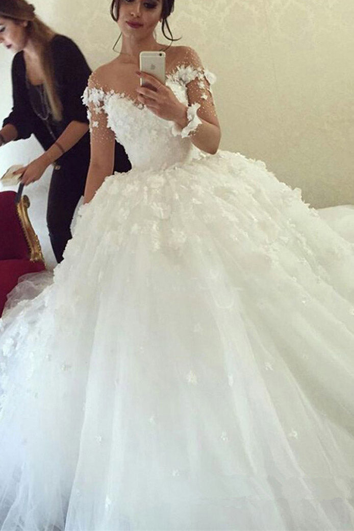 Ball Gown Sheer Neck Long Wedding Dress with Flowers, Long Sleeves Puffy Bridal Dress N2080