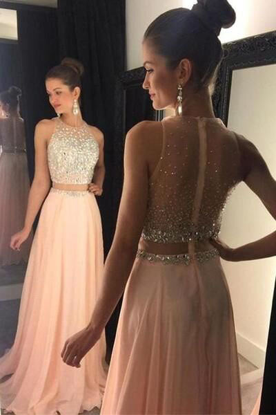 A-Line Sleeveless Rhinestone Chiffon Long Prom Dresses N1595