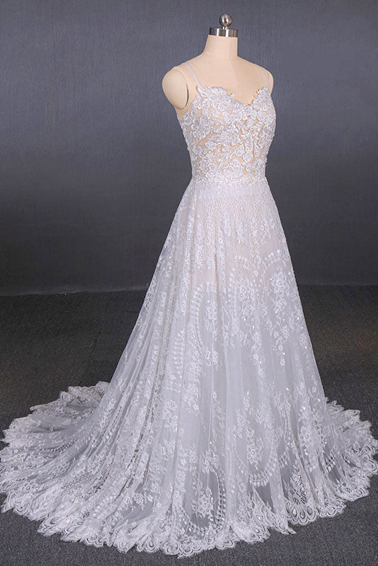 Spaghetti Straps Sweetheart Lace Wedding Dresses Lace Bridal Dresses with Long Train N2284