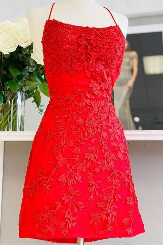 Spaghetti Straps Lace Appliqued Sheath Homecoming Dresses