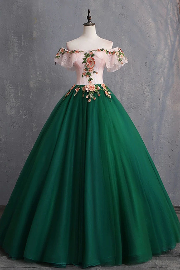 Green Puffy Off the Shoulder Floor Length Appliqued Prom Dresses