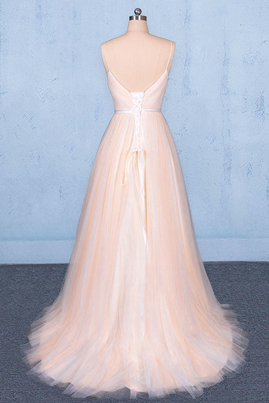 Peach V-Neck Sleeveless Tulle A Line Prom Dresses Straps Tulle Evening Dresses N2329