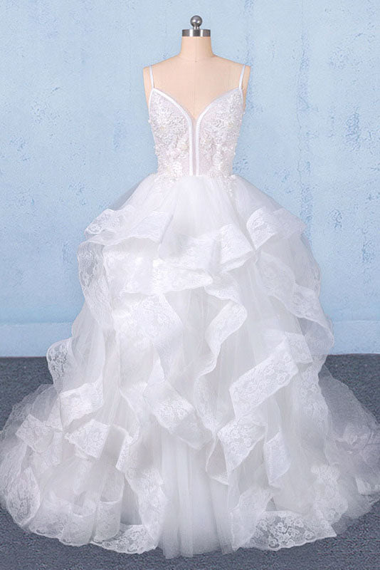 Spaghetti Straps Floor Length Tulle Wedding Dress with Ruffles, Long Bridal Dress N2347