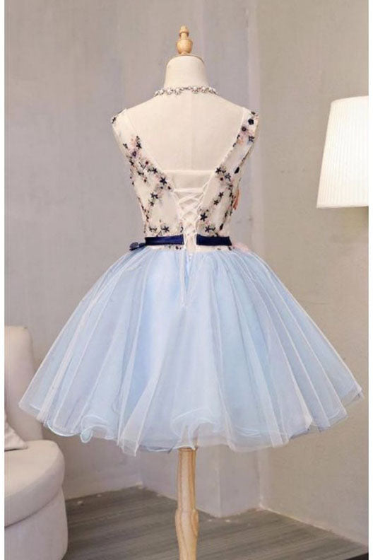 Vintage Light Blue Flower Short Princess Homecoming Dresses