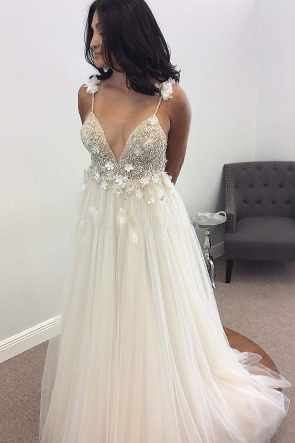 Deep V-Neck Beading Straps Tulle Appliqued Beach Wedding Dress