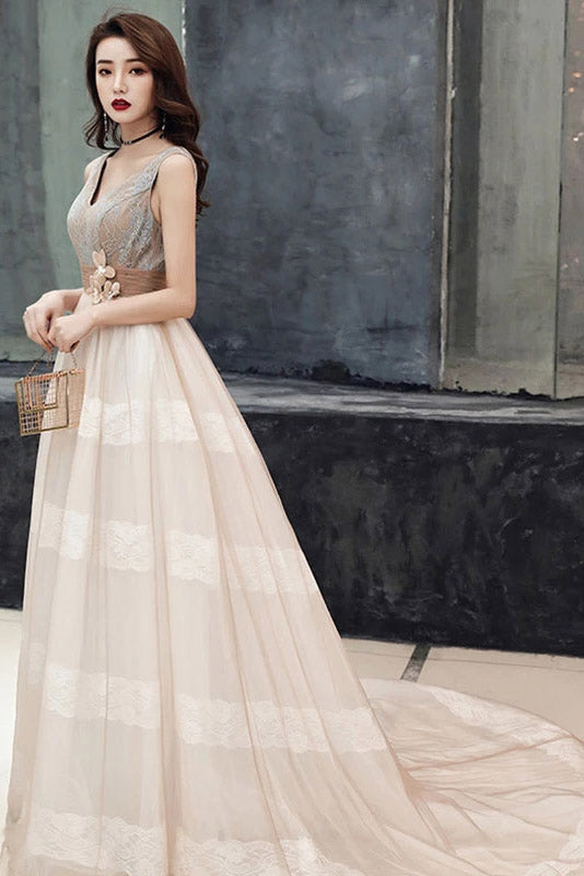 Unique V-Neck Tulle Lace Long Prom Dresses Tulle V Back Evening Dresses with Train N2092