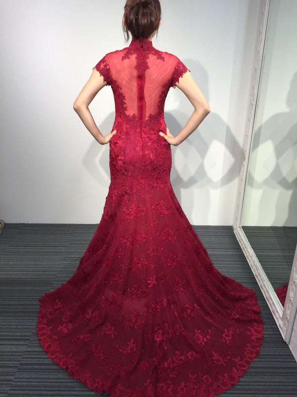 Burgundy Lace Short Sleeve High Neck Mermaid Sweep Train Evening Dresses Vintage Prom Dresses N413