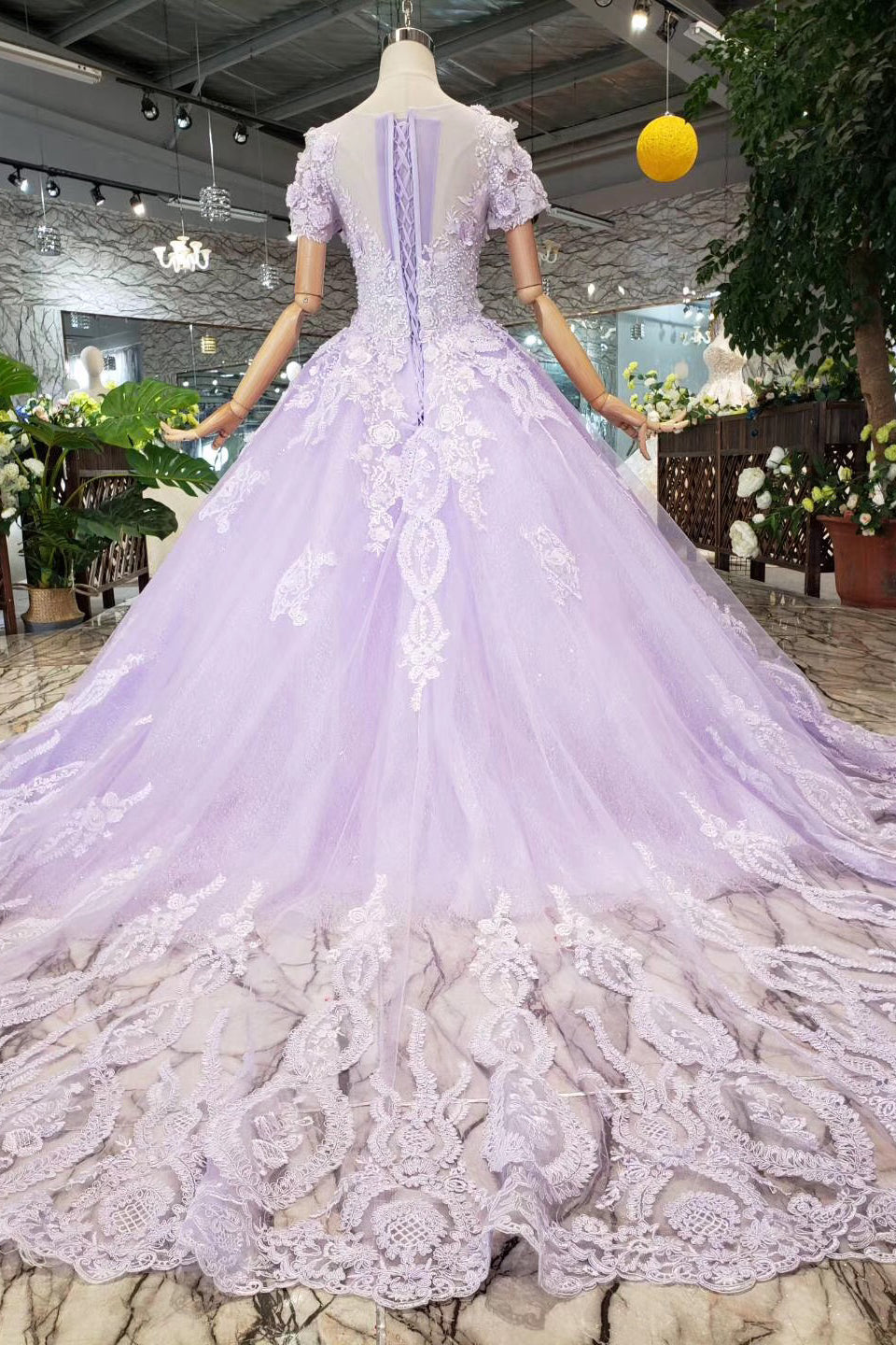 Gorgeous Lilac Ball Gown Short Sleeves Prom Dresses with Sheer Neck