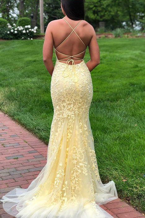 Spaghetti Strap Mermaid Lace Appliqued Long Prom Dresses