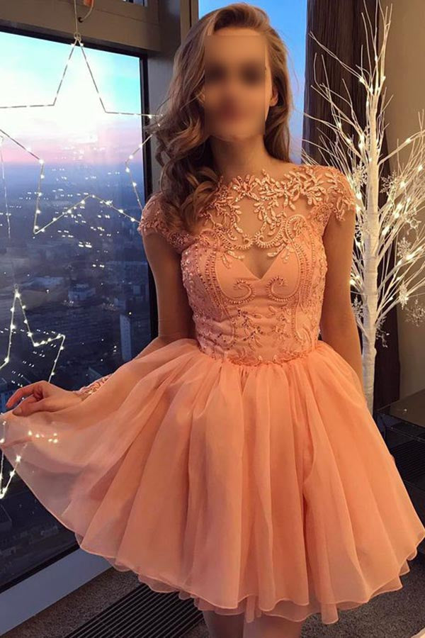 Peach Cap Sleeves Short Chiffon Homecoming Dress with Appliques, A Line Short Prom Dress