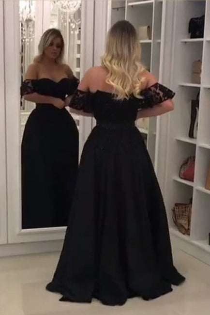 Black Off Shoulder Long Evening Dresses with Lace Unique Split Prom Dresses with Lace N1109