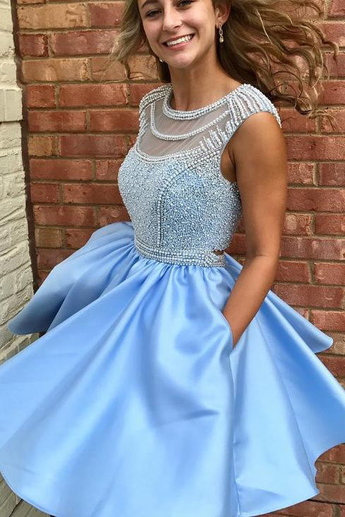 Ice Blue Beading Satin Sleeveless Open Back Homecoming Dress,Sparkly Prom Gown with Pockets,N360