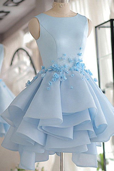 A Line Sky Blue Organza Sleeveless Flower Homecoming Dresses