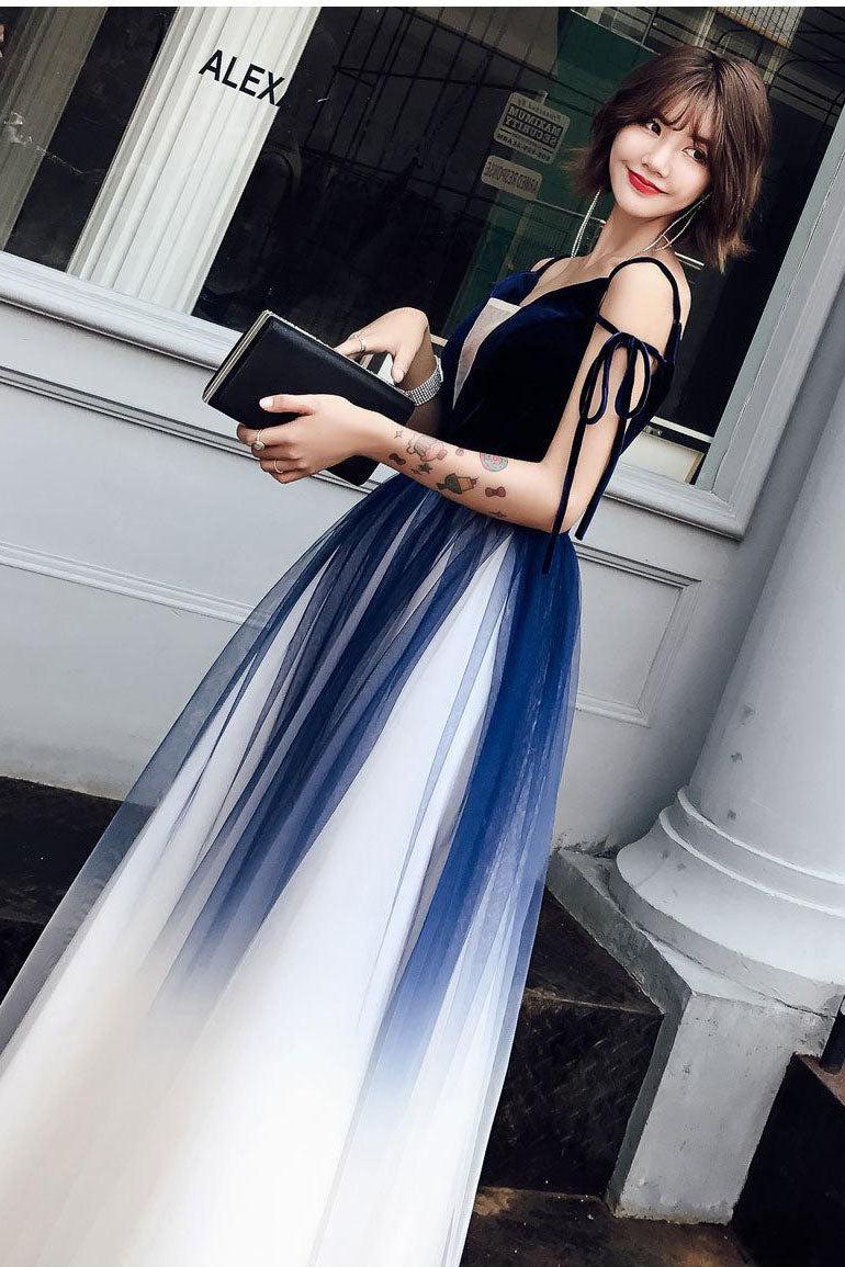 Blue Ombre Long Tulle Prom Dresses Unique V Neck Sleeveless Party Dresses Dance Dresses N1599