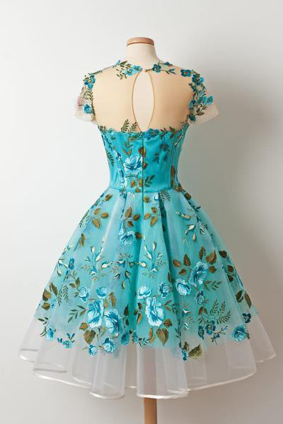 New Short Sleeves Unique Homecoming Dress,Appliqued Blue prom dress ...