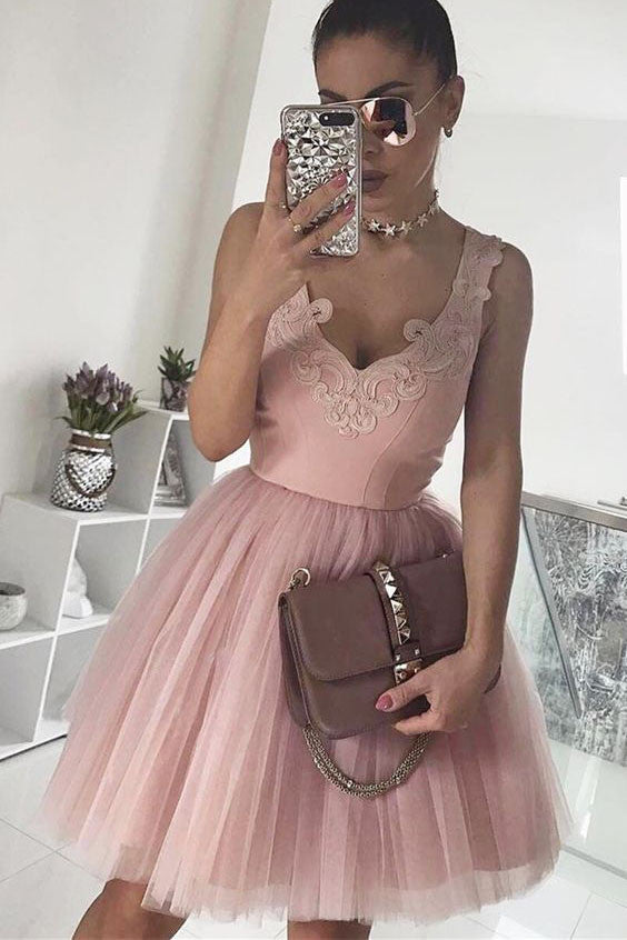 A-Line V-Neck Blush Pink Sleeveless Homecoming Dress,Appliqued Short Tulle Prom Dress,N218