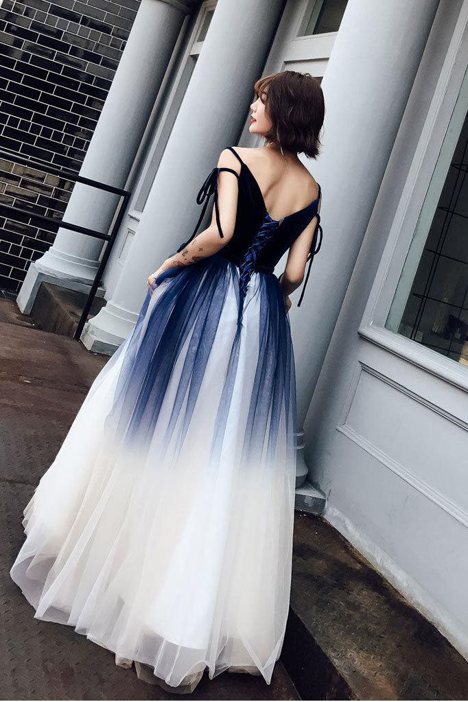 Blue Ombre Long Tulle Prom Dresses Unique V Neck Sleeveless Party Dresses Dance Dresses N1599