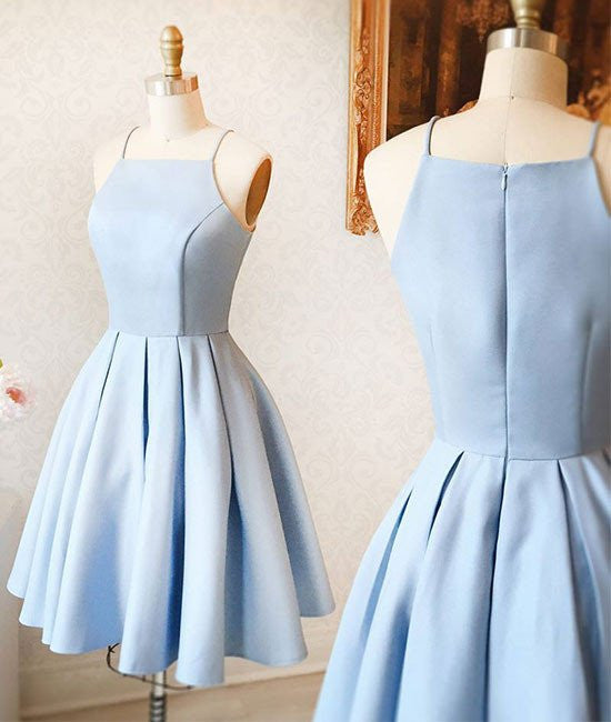 A Line Spaghetti Straps Light Blue Satin Homecoming Dresses ED90