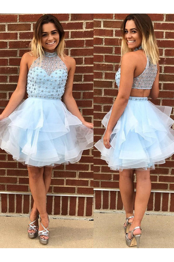 Ruffles Light Blue Jewel Sleeveless Beading Mini Tulle Homecoming Dresses