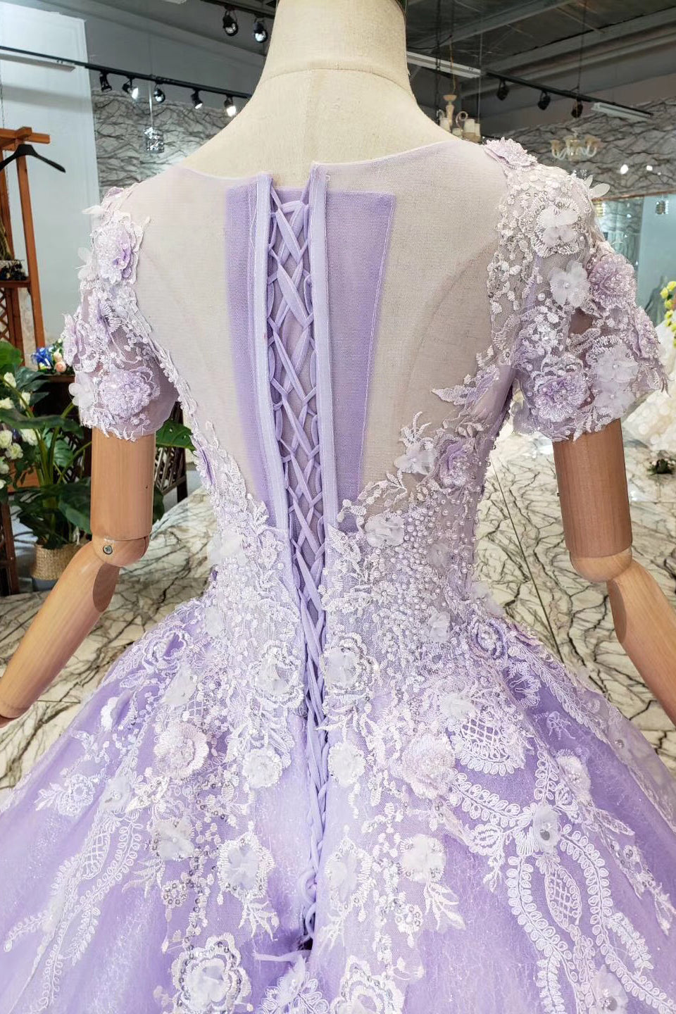 Gorgeous Lilac Ball Gown Short Sleeves Prom Dresses with Sheer Neck