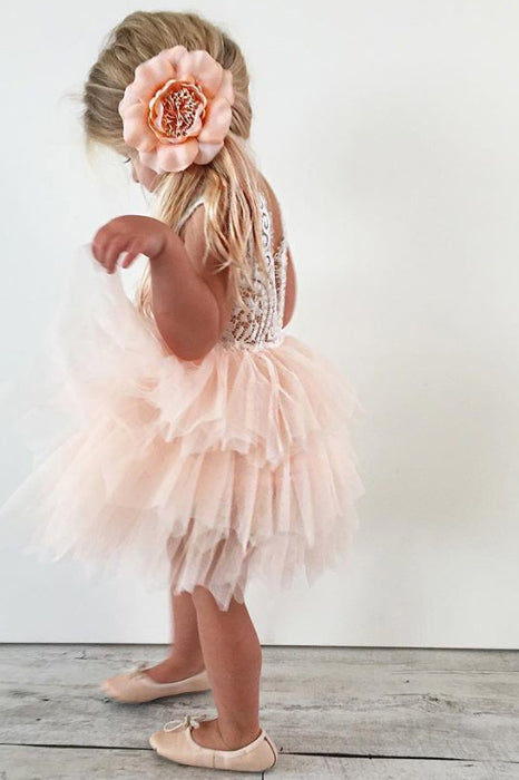 Adorable A Line Knee length Pink Tulle Little Flower Girl Dresses with Lace Backless Party Dresses F010