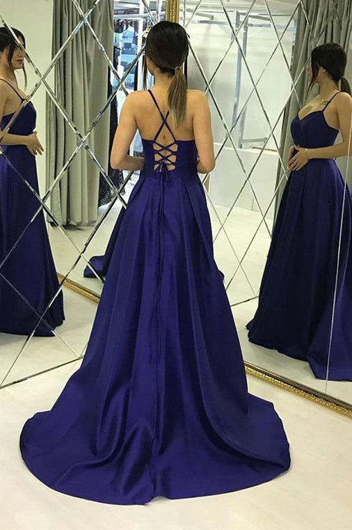 A Line Spaghetti Straps Satin Long Prom Dresses Criss Cross Back N2479